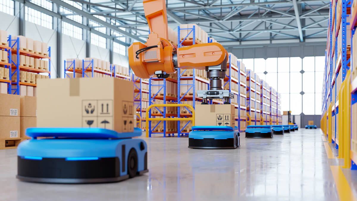 A warehouse floor with robots transporting packages